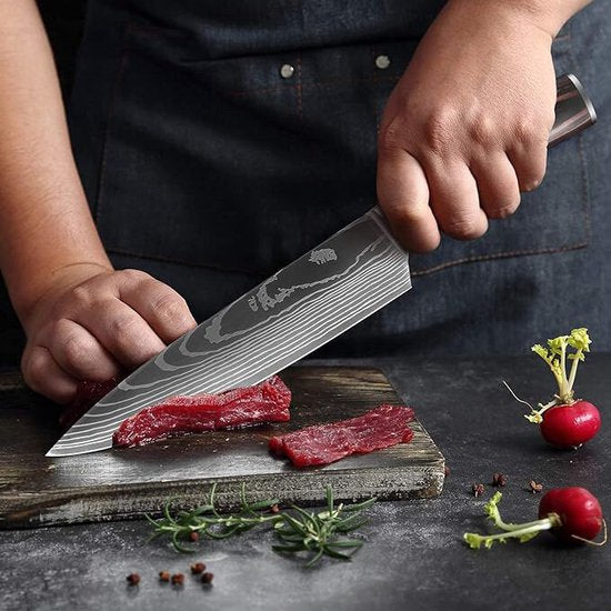 Rixora® Professional Chef's Knife – 20cm Japanese-Style with Damascus Pattern {{ variant }{{ image_name }